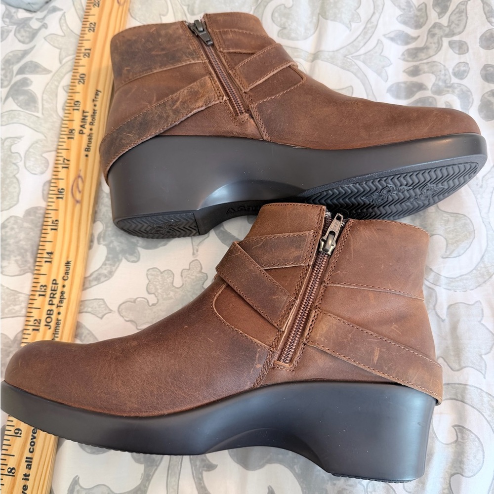 Alegria Brown Leather Wedge Ankle Booties